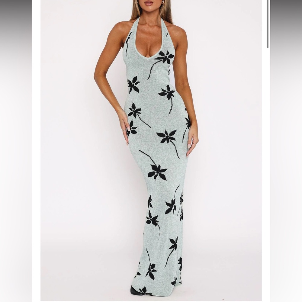 White Fox Boutique Mint Halter Maxi Dress with Black Floral Print